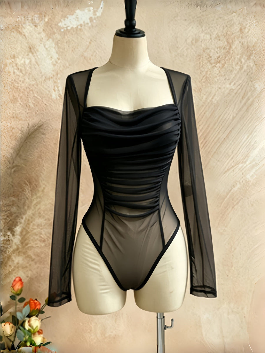 Sheer Mesh Ruched Sweetheart Bodysuit