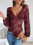 Lace Sweetheart Neck Long Sleeve Bodysuit
