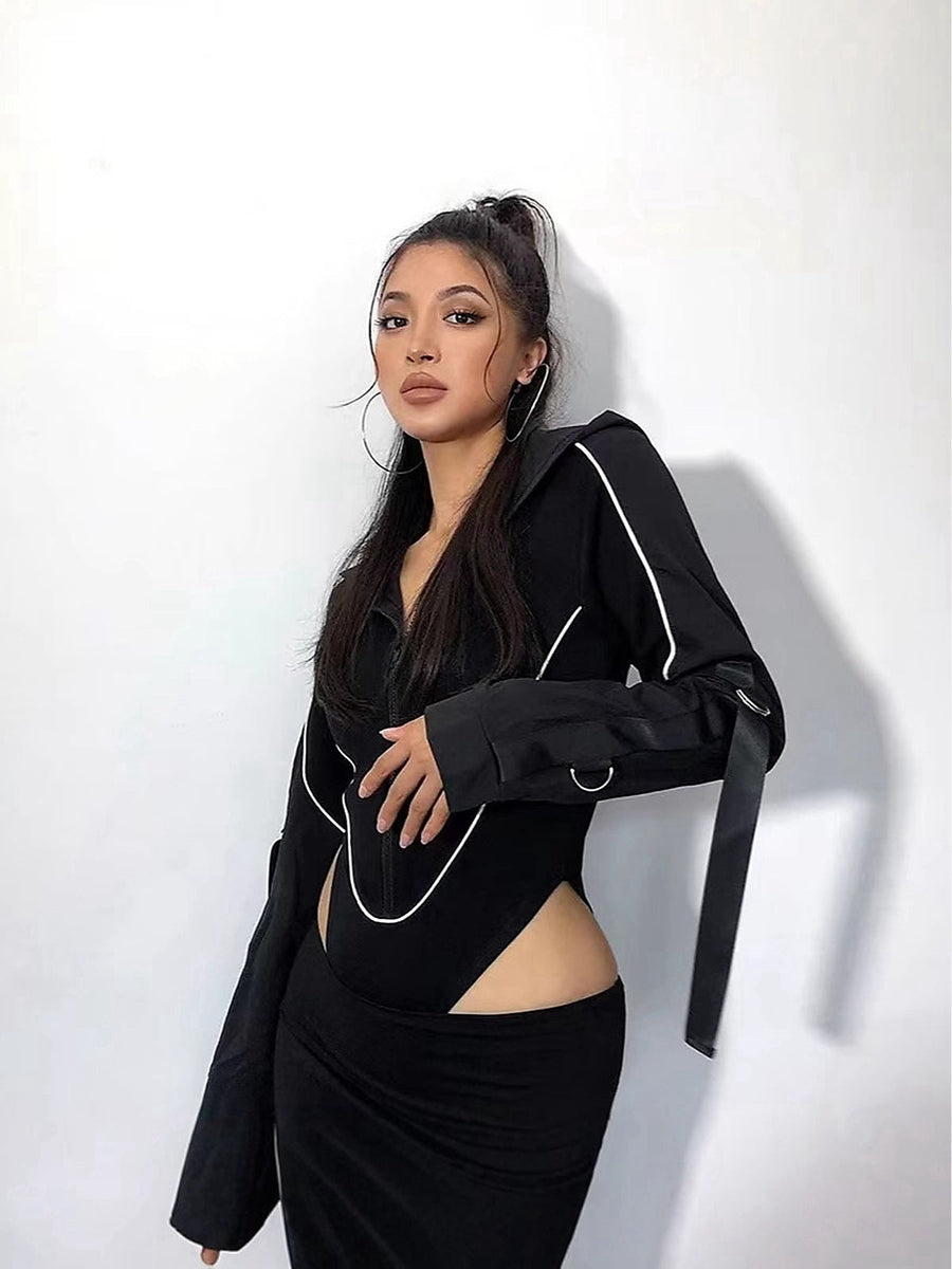 High-Cut Hooded Zip-Front Long-Sleeve Bodysuit