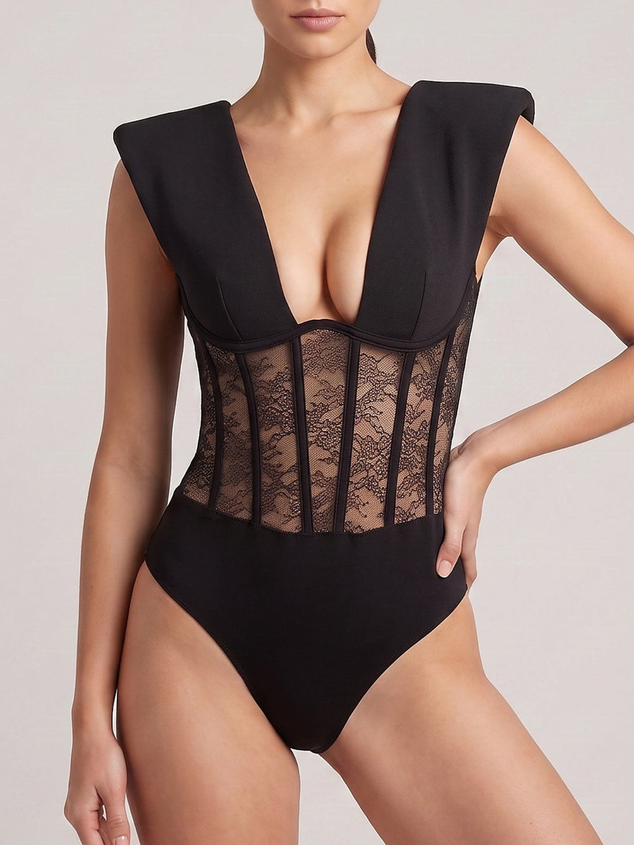 Deep V-Neck Lace Bodysuit with Padded Shoulders