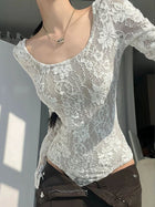 Sheer Floral Lace Long Sleeve U-Neck Bodysuit