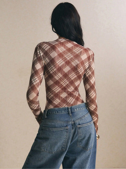 Plaid Mesh Crossover Long Sleeve Bodysuit