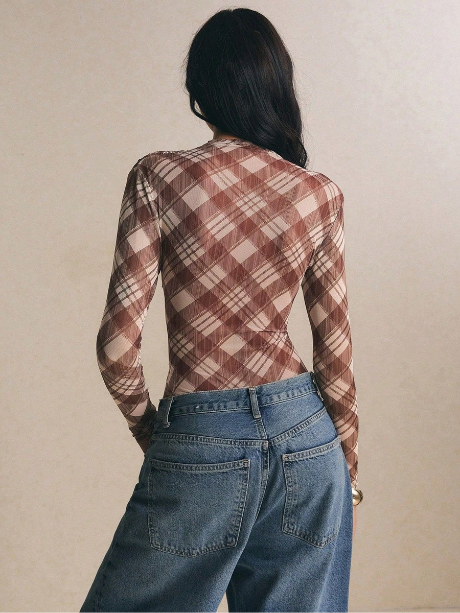 Plaid Mesh Crossover Long Sleeve Bodysuit