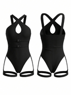 Black Halter Keyhole Buckle Bodysuit with Thigh Straps