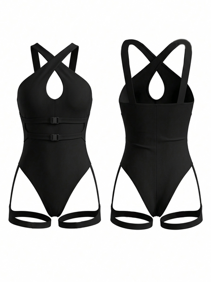 Black Halter Keyhole Buckle Bodysuit with Thigh Straps
