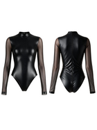 Liquid Leather & Mesh High Neck Long Sleeve Bodysuit