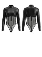 Edgy Faux Leather & Mesh Long Sleeve Thong Bodysuit
