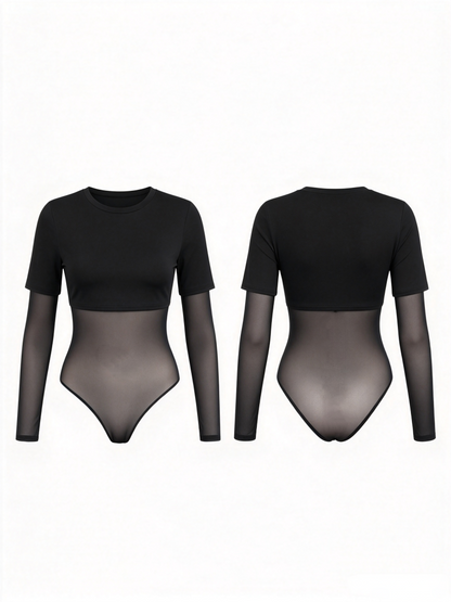 Black Mesh Splicing Long Sleeve Thong Bodysuit