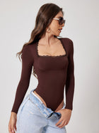 Long Sleeve Lace Trim Square Neck Bodysuit