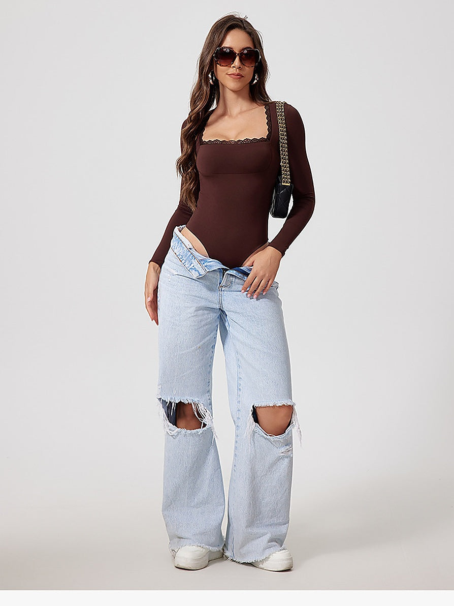 Long Sleeve Lace Trim Square Neck Bodysuit
