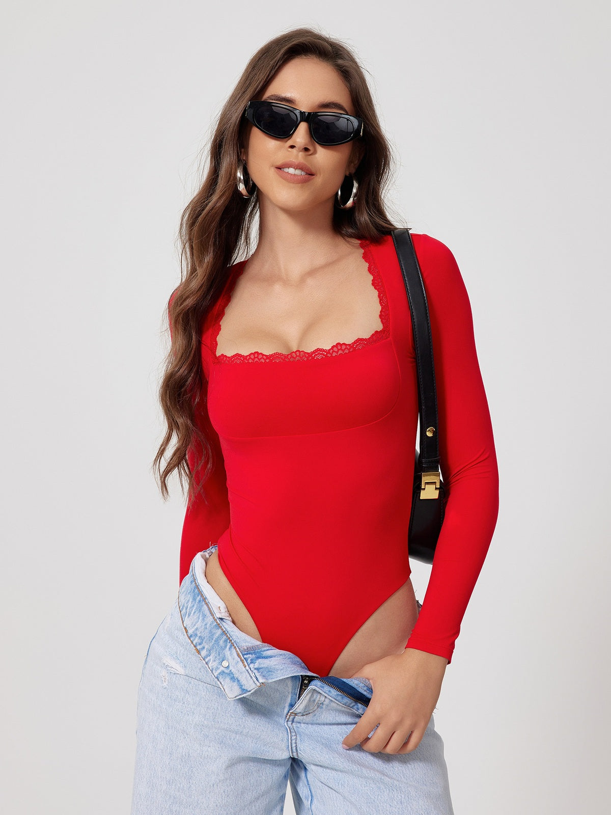 Long Sleeve Lace Trim Square Neck Bodysuit