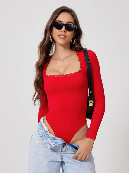 Long Sleeve Lace Trim Square Neck Bodysuit