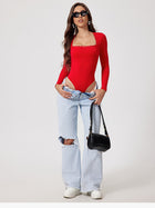 Long Sleeve Lace Trim Square Neck Bodysuit