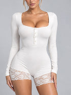 Square Neck Long Sleeve Lace Trim Bodysuit