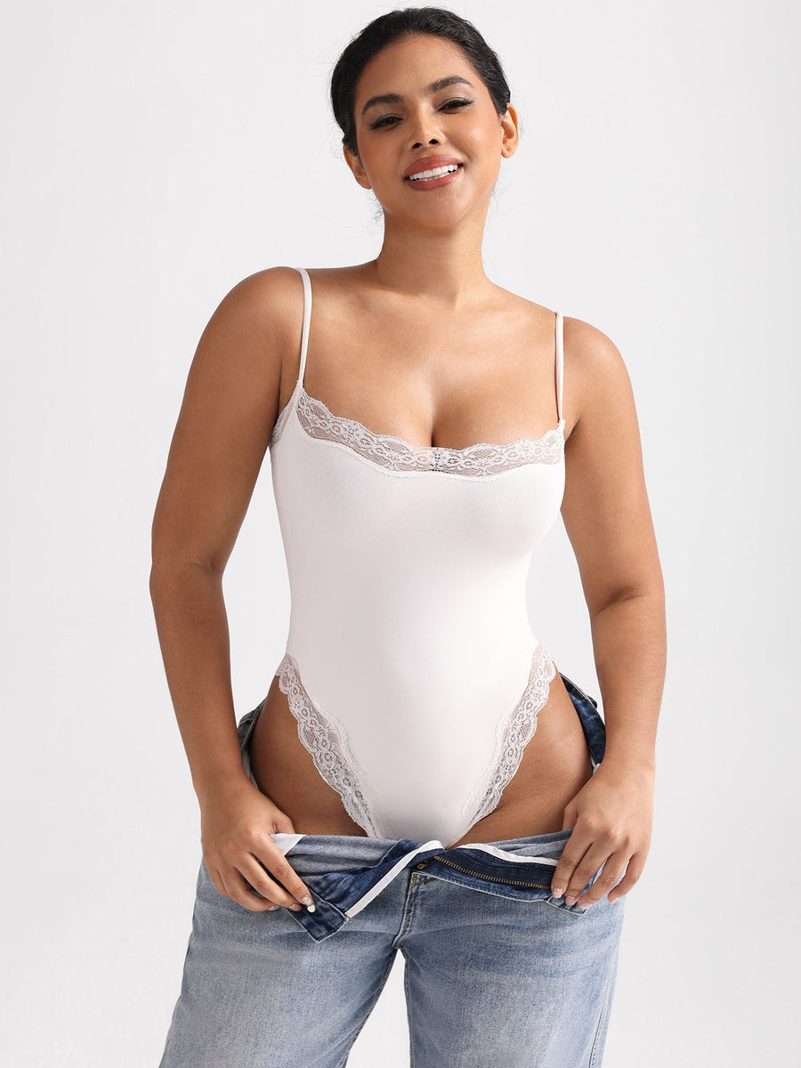 Lace Trim Sculpting Thong Bodysuit