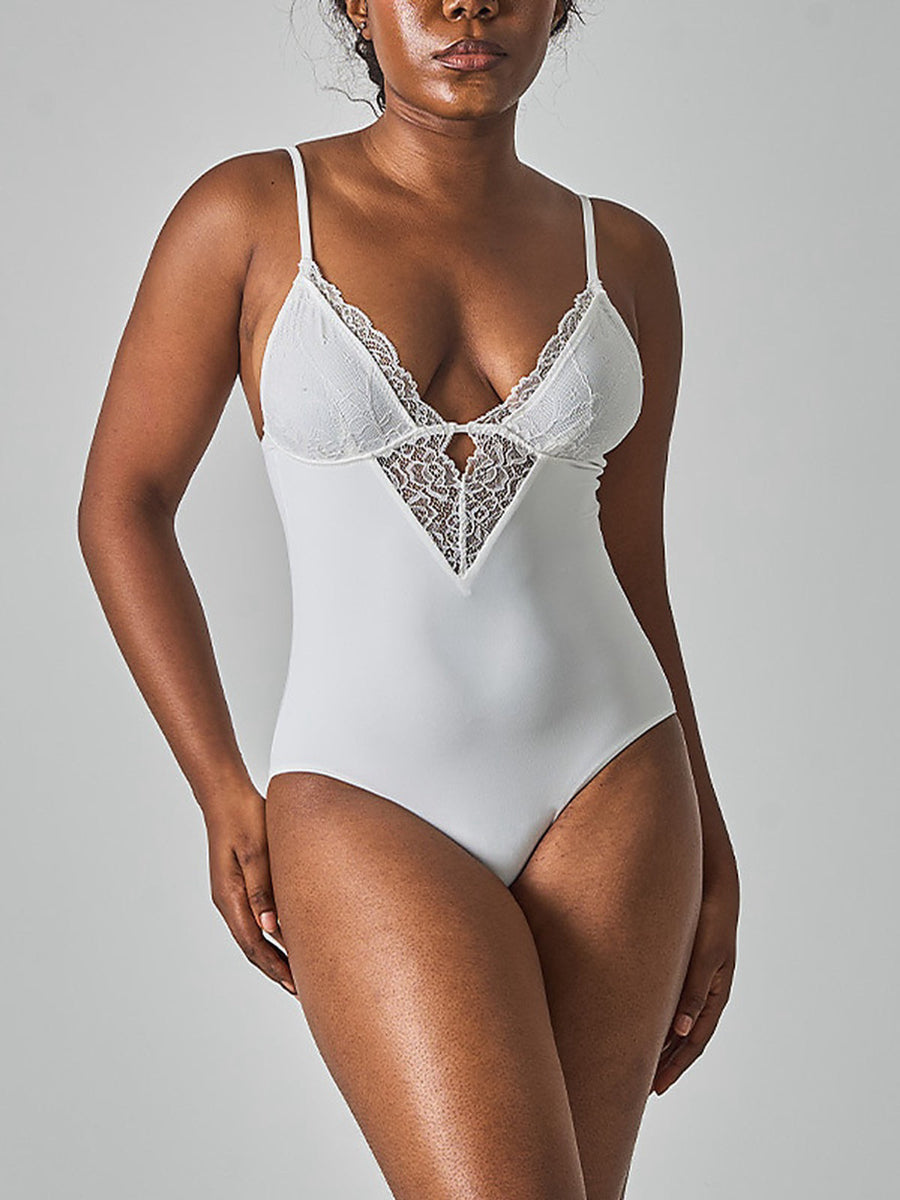 Lace Trim Deep V-Neck Bodysuit