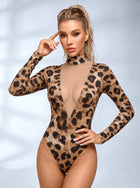 Leopard Print Mesh Deep-V Mock Neck Long Sleeve Bodysuit