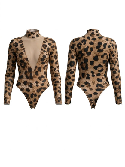 Leopard Print Mesh Deep-V Mock Neck Long Sleeve Bodysuit
