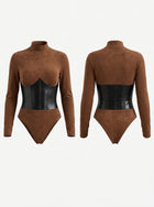 Faux Leather Corset Detail Long Sleeve Bodysuit