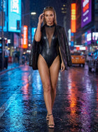 Black Mesh Faux Leather Deep V Bodysuit