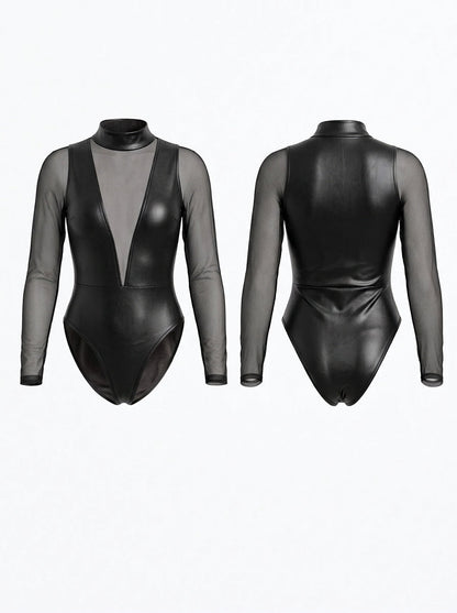Black Mesh Faux Leather Deep V Bodysuit