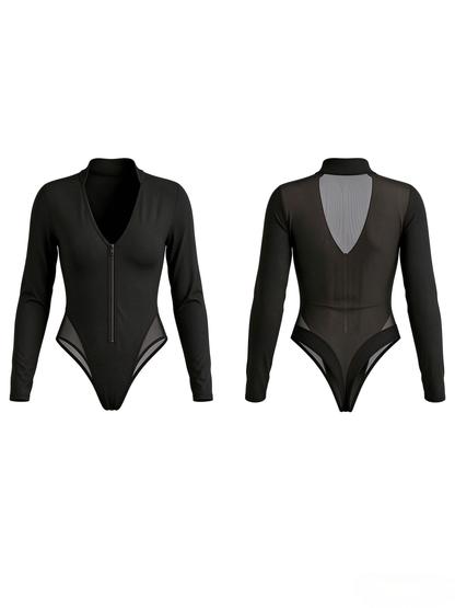 Sexy Zipper Mesh Panel Long Sleeve Bodysuit