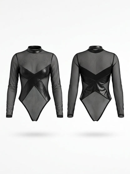 Sheer Mesh & Faux Leather Panel Long Sleeve Bodysuit