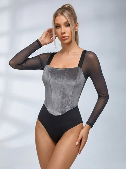 Velvet Corset Mesh Sleeve Bodysuit