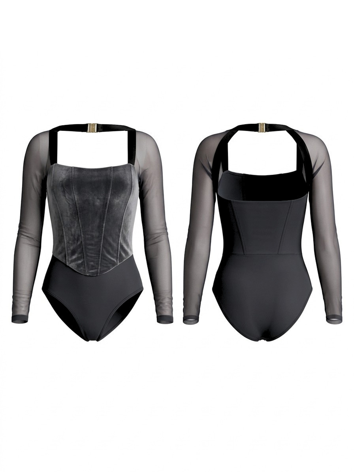 Velvet Corset Mesh Sleeve Bodysuit
