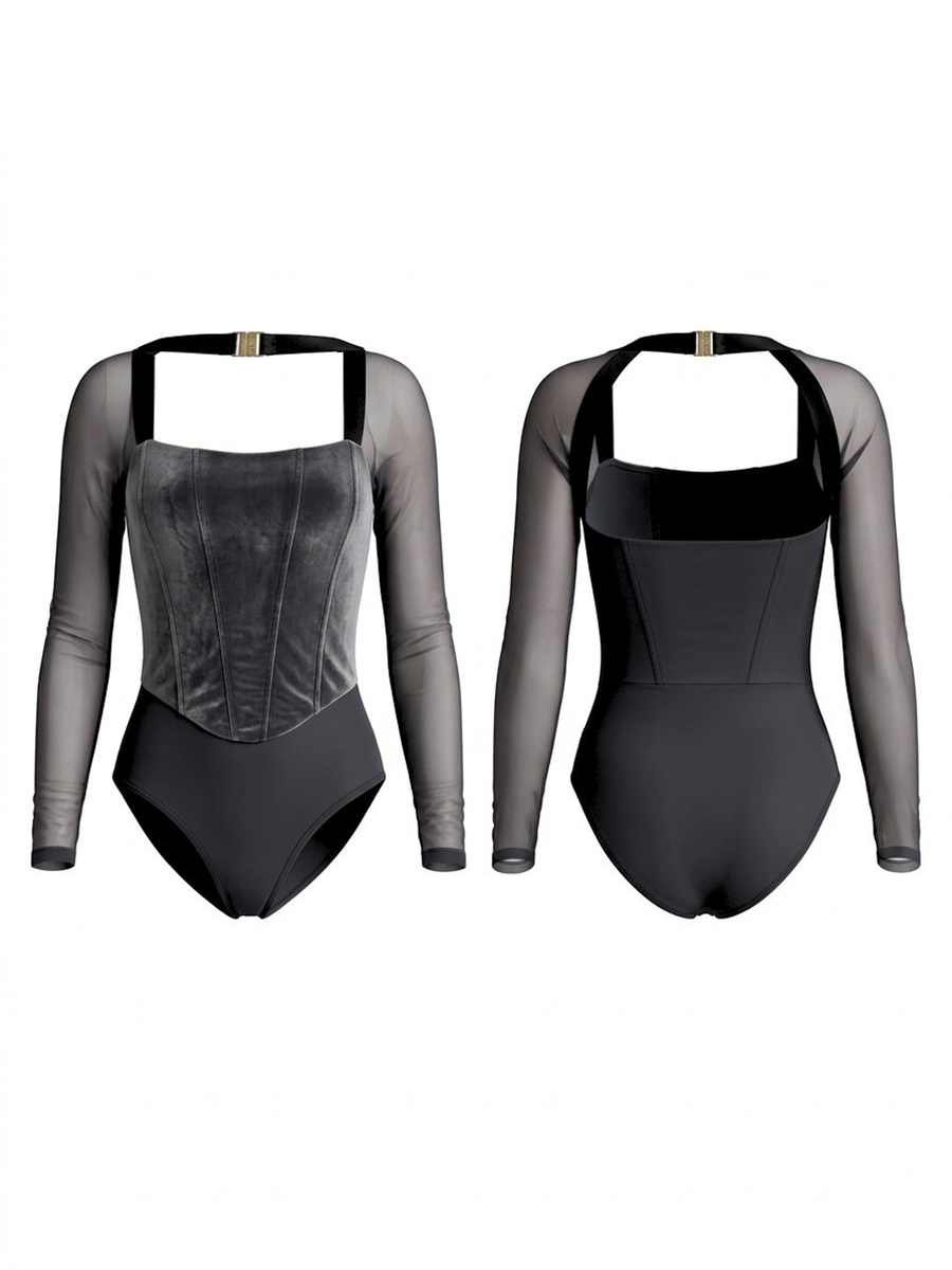 Velvet Corset Mesh Sleeve Bodysuit