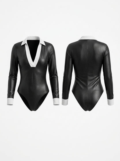 Women's Faux Leather Collared Long Sleeve Bodysuit
