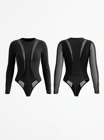 Black Mesh Panel Long Sleeve Bodysuit