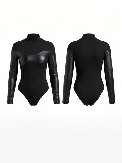 Black Faux Leather Panel Long Sleeve Bodysuit