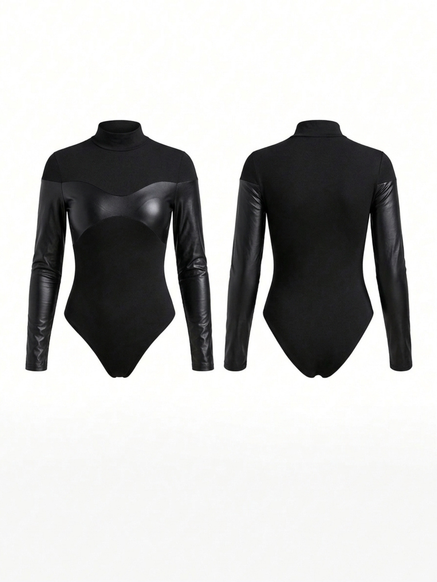 Black Faux Leather Panel Long Sleeve Bodysuit