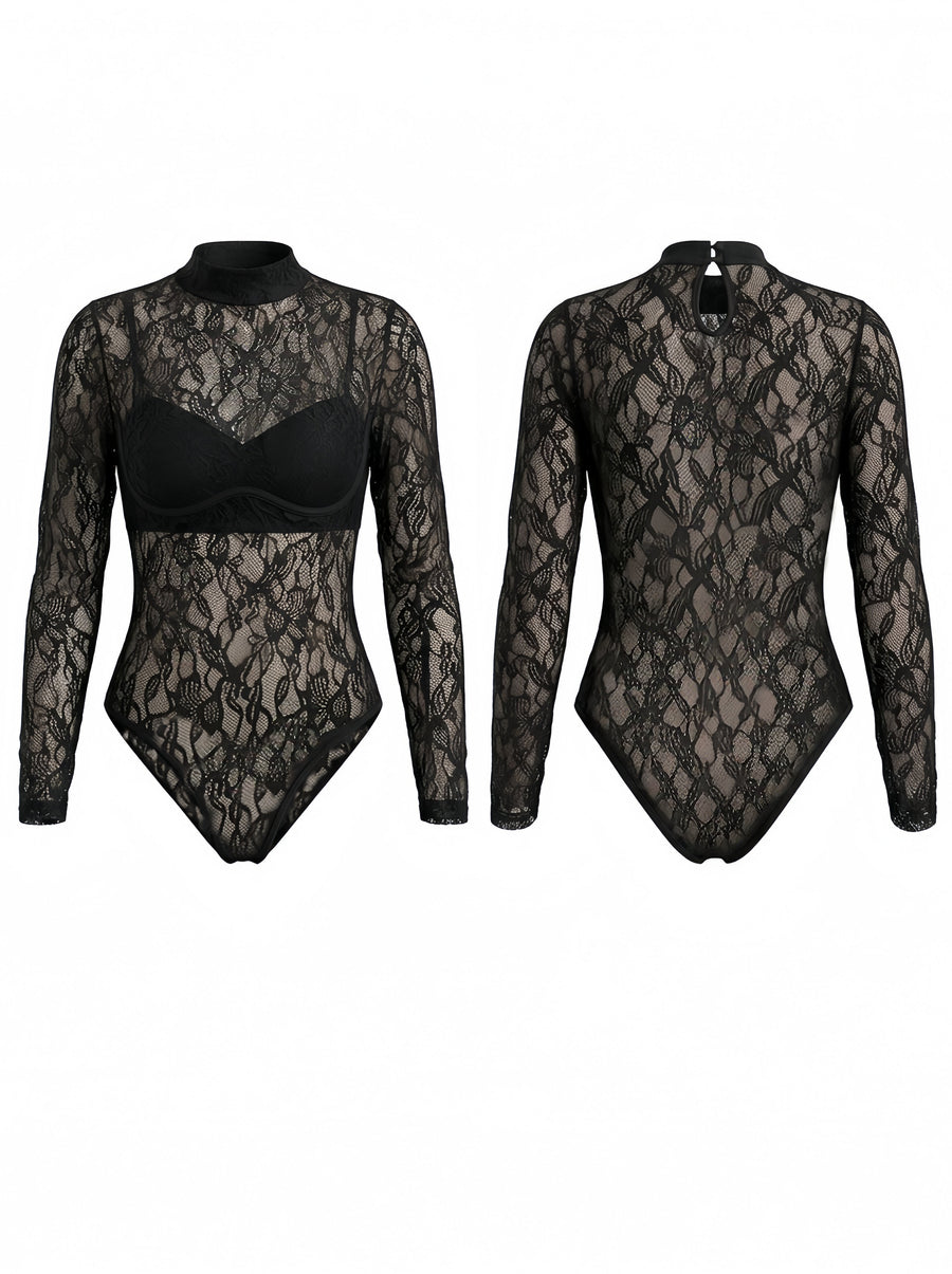 Sexy Lace Long Sleeve High Neck Bodysuit