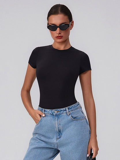 Women's Short Sleeve Crew Neck Thong Bodysuit