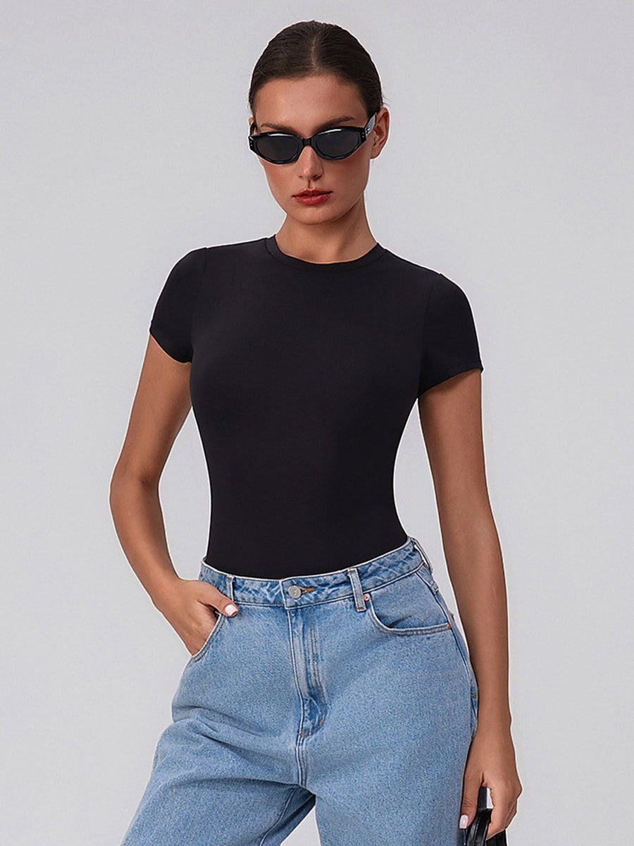 Women's Short Sleeve Crew Neck Thong Bodysuit