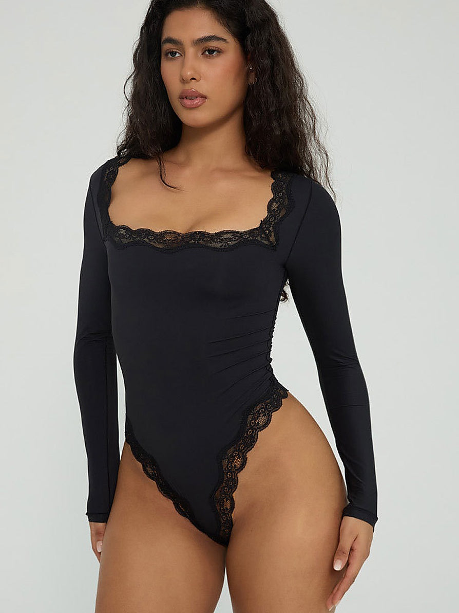 Lace Trim Square Neck Long Sleeve Bodysuit