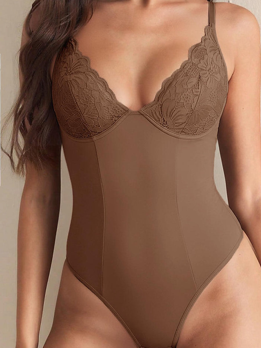 Lace Panel Shaping Bodysuit with Adjustable Straps
