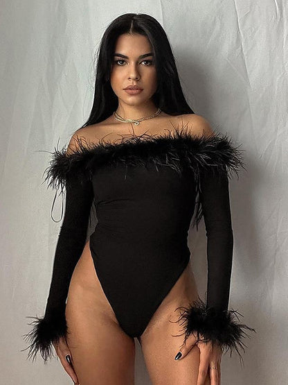 Feather Trim Off-Shoulder Long Sleeve Bodysuit
