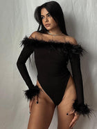 Feather Trim Off-Shoulder Long Sleeve Bodysuit
