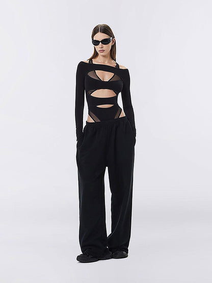 Sheer Mesh Cut-Out Off-Shoulder Bodysuit