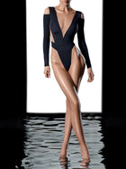 Black Deep V Cold Shoulder Mesh Bodysuit
