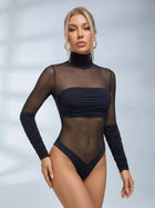 Black Mesh Ruched High Neck Long Sleeve Bodysuit