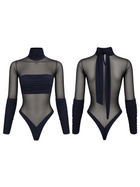 Black Mesh Ruched High Neck Long Sleeve Bodysuit
