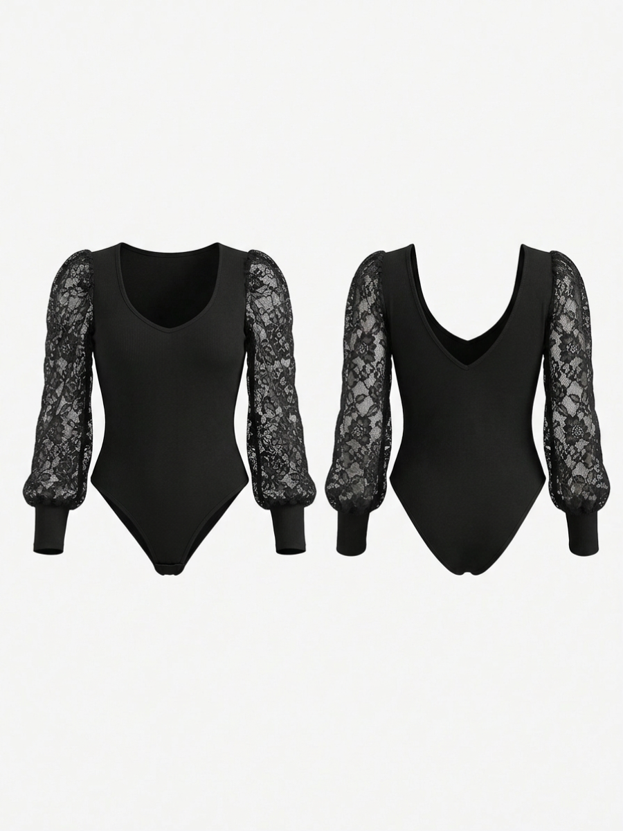Elegant Lace Puff Sleeve Ribbed Bodysuit