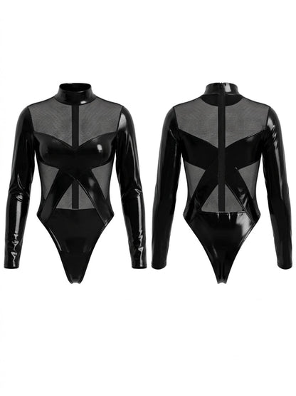 Black Glossy Mesh Panel Long Sleeve Bodysuit