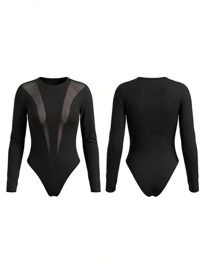 Black Long Sleeve Mesh Panel Bodysuit