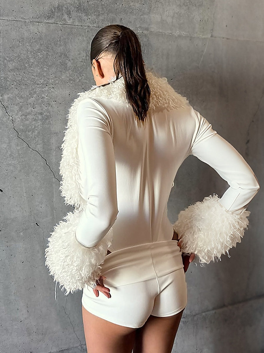 Women's Fuzzy Trim Deep V-Neck Long Sleeve Bodysuit