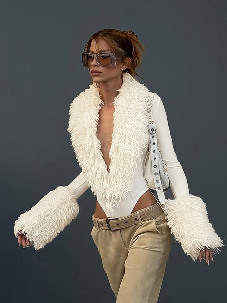 Women's Fuzzy Trim Deep V-Neck Long Sleeve Bodysuit